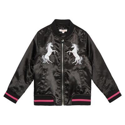 Girls' black unicorn applique bomber jacket